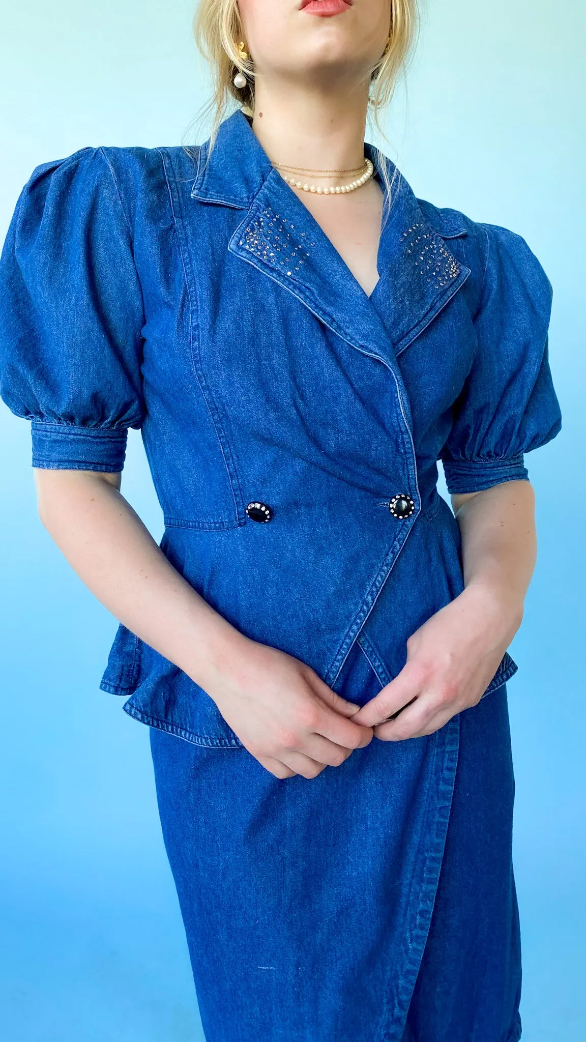 1980s I. Magnin Denim Blouse & Skirt Set, sz. S