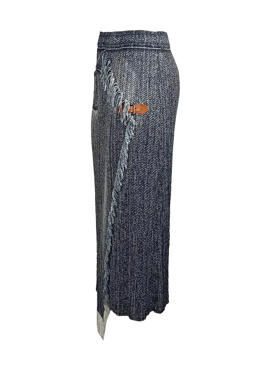 5240031 Denim Printed Pleated Skirt *Black