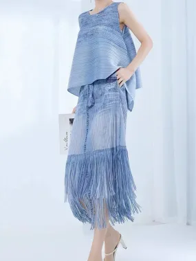 7240013 Denim Style Distressed Pleated Skirt