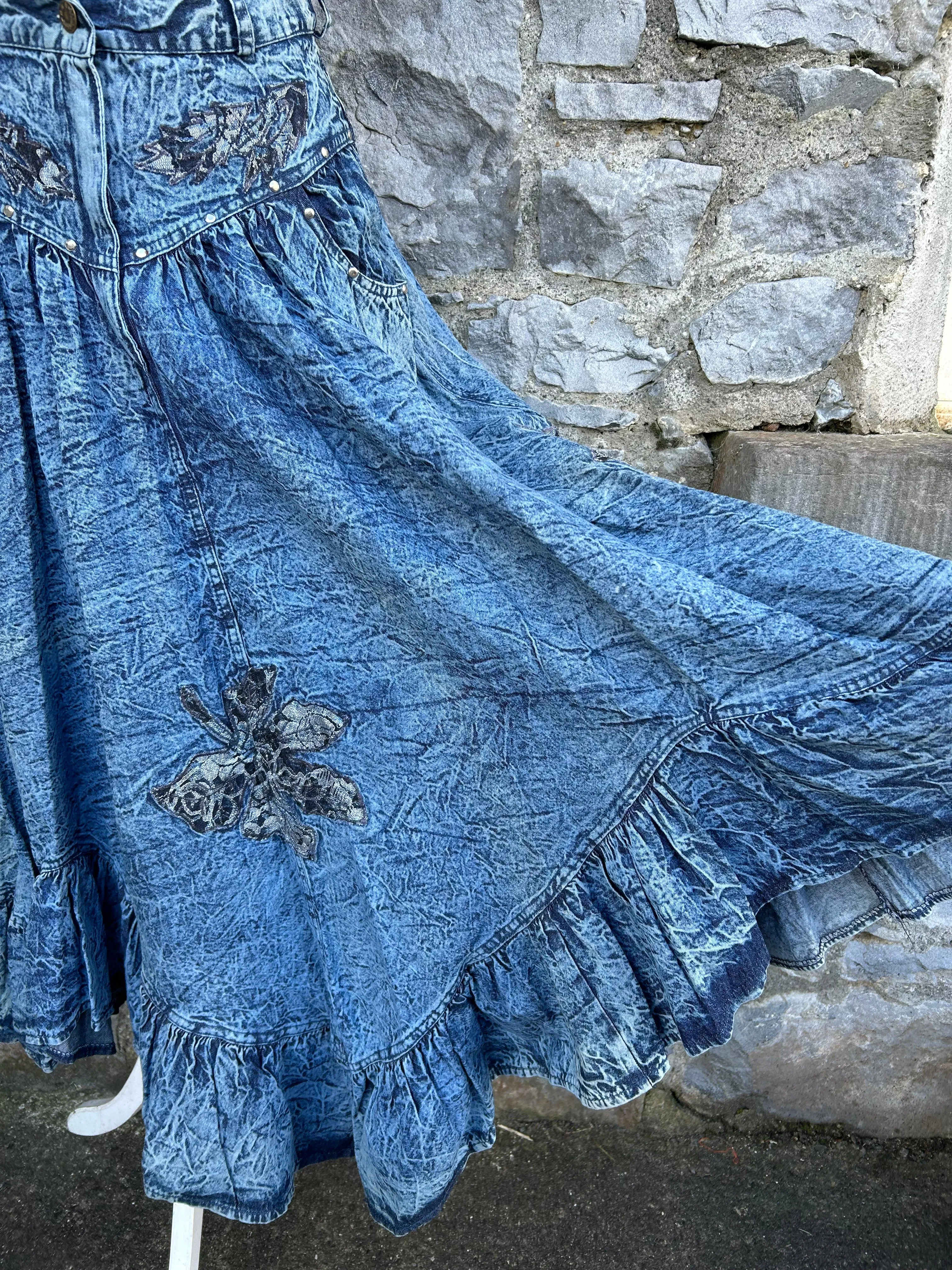 80s acid wash denim midi skirt uk 8-10