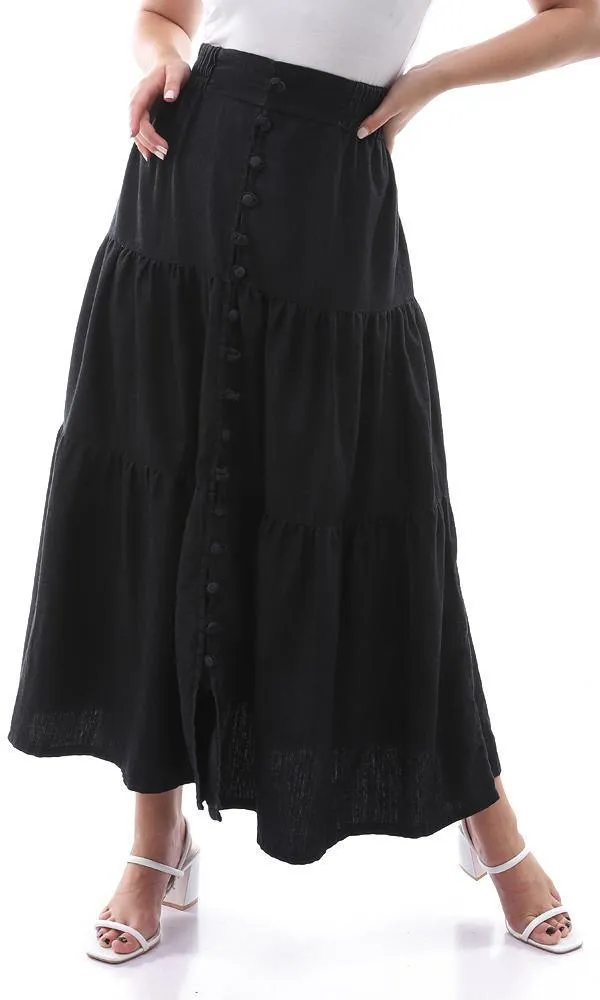 94806 Elastic Waist Black Denim Skirt With Decorative Buttons