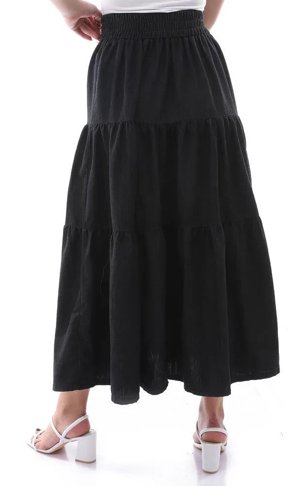 94806 Elastic Waist Black Denim Skirt With Decorative Buttons