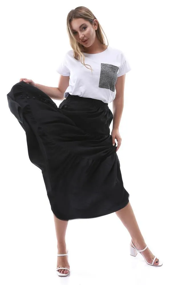 94806 Elastic Waist Black Denim Skirt With Decorative Buttons