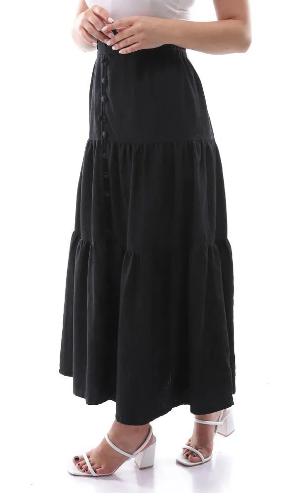 94806 Elastic Waist Black Denim Skirt With Decorative Buttons