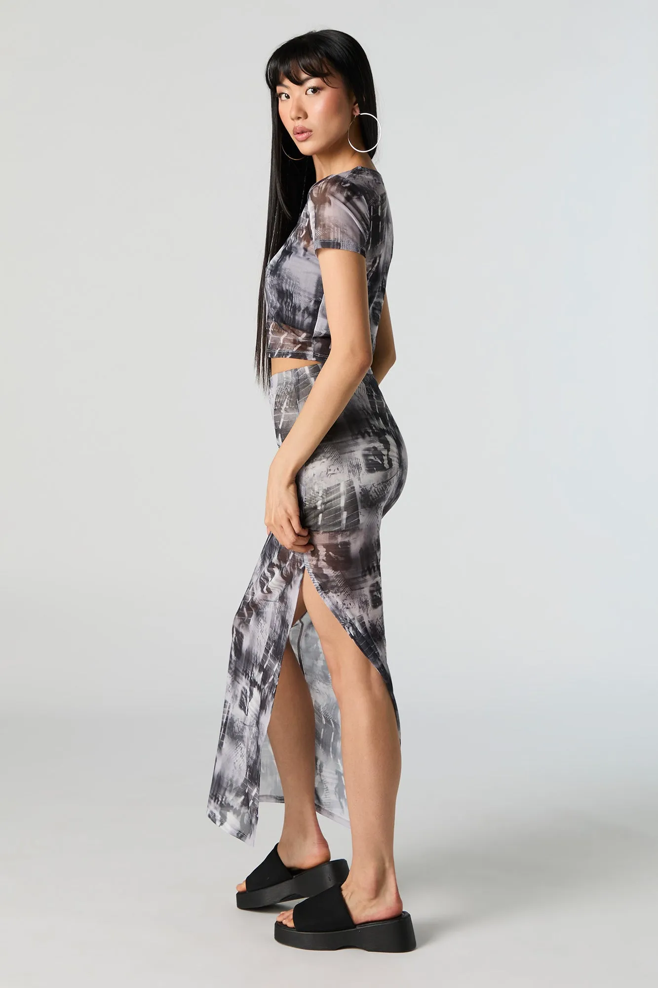 Abstract Mesh Slit Maxi Skirt