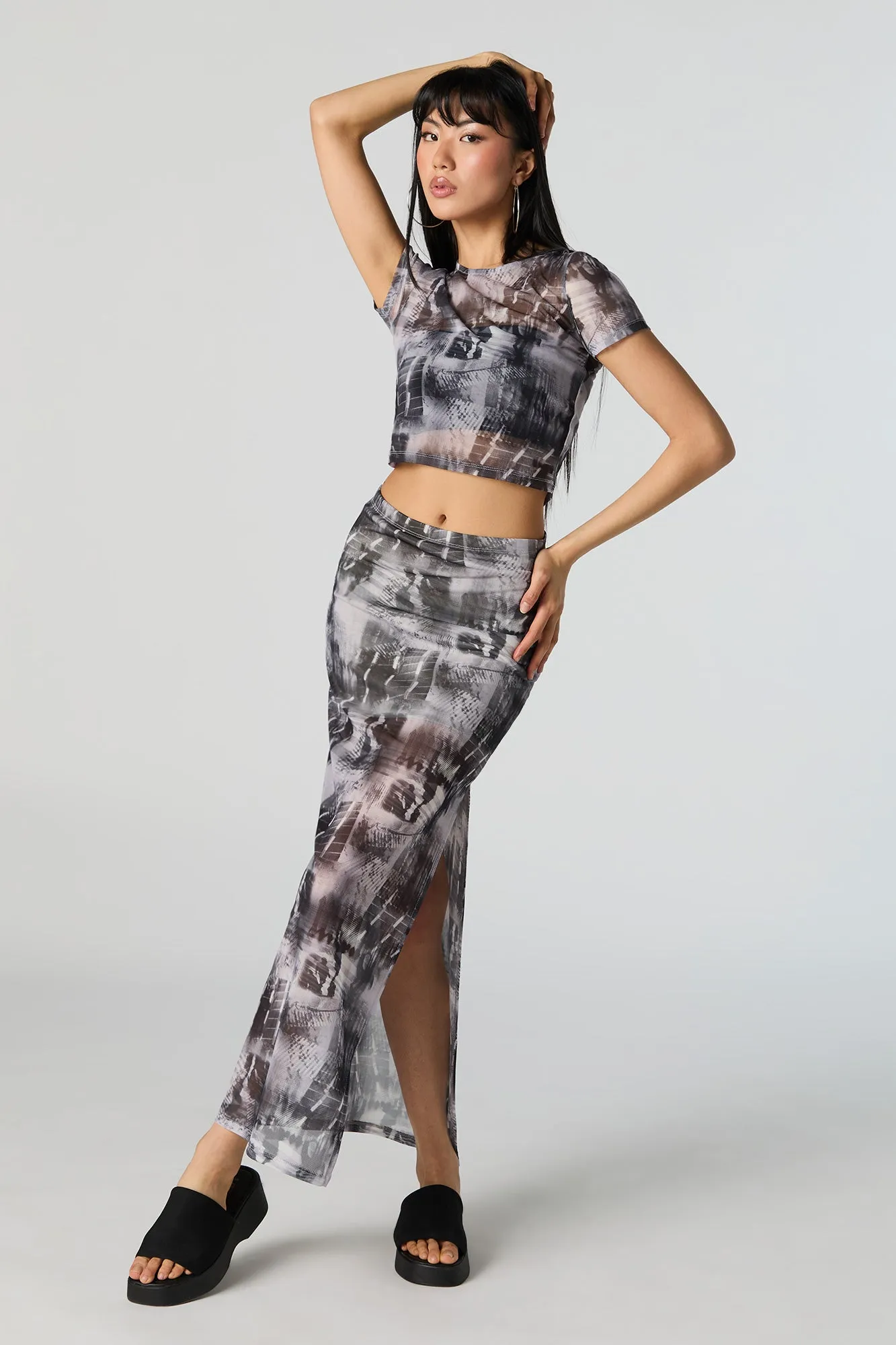 Abstract Mesh Slit Maxi Skirt