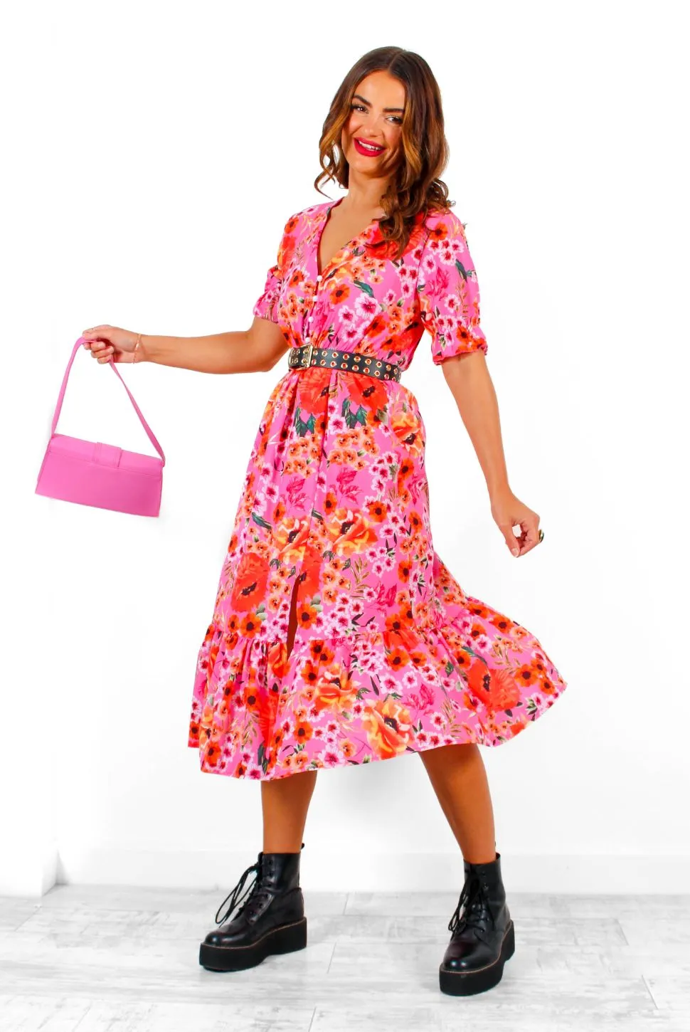 Always Blossoming - Pink Red Floral Print Midi Dress