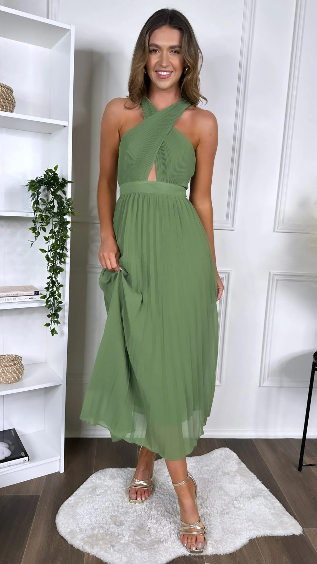 Annalisa Light Green Cross Strap Detail Pleated Skirt Midi Dress