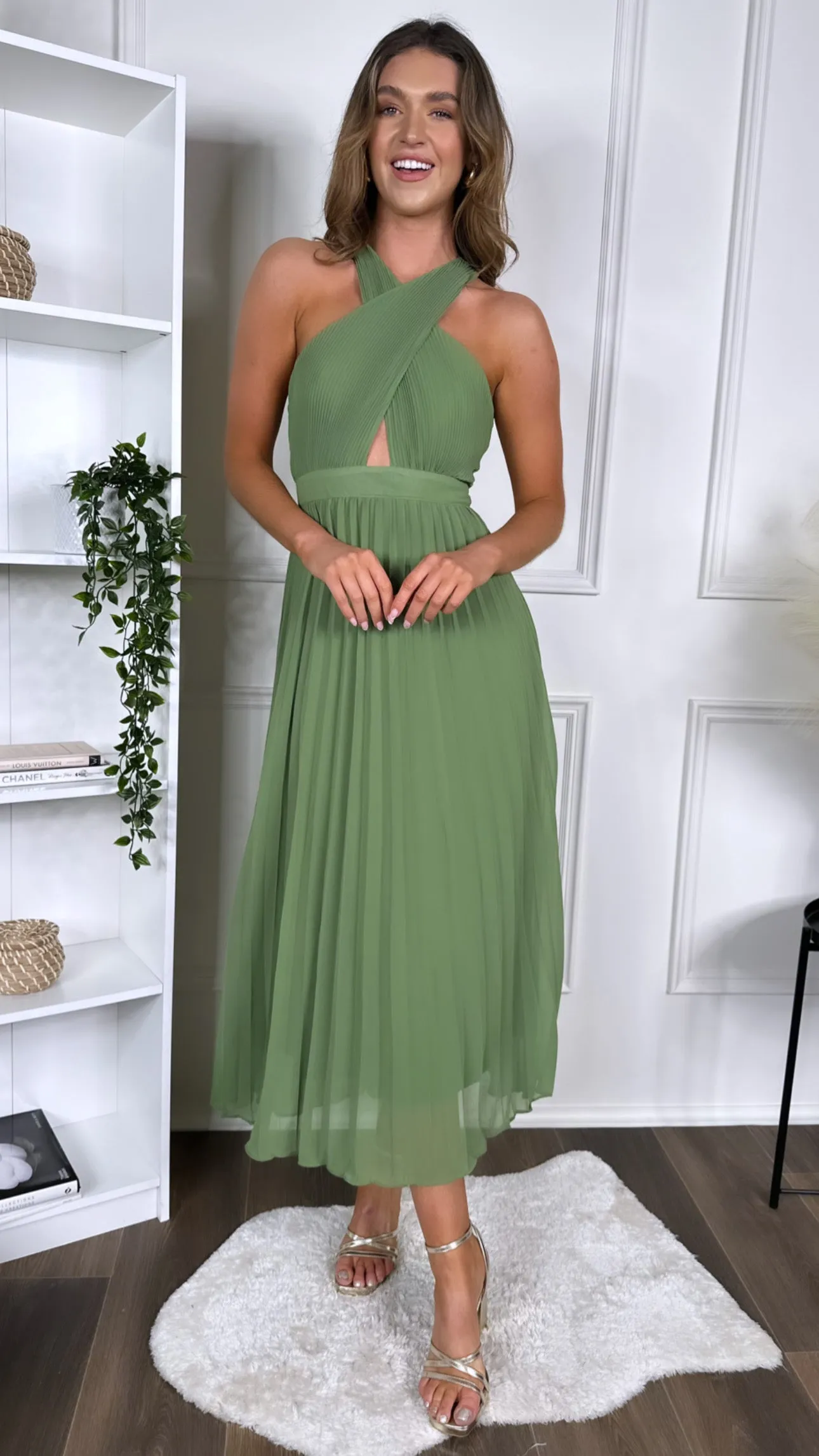 Annalisa Light Green Cross Strap Detail Pleated Skirt Midi Dress