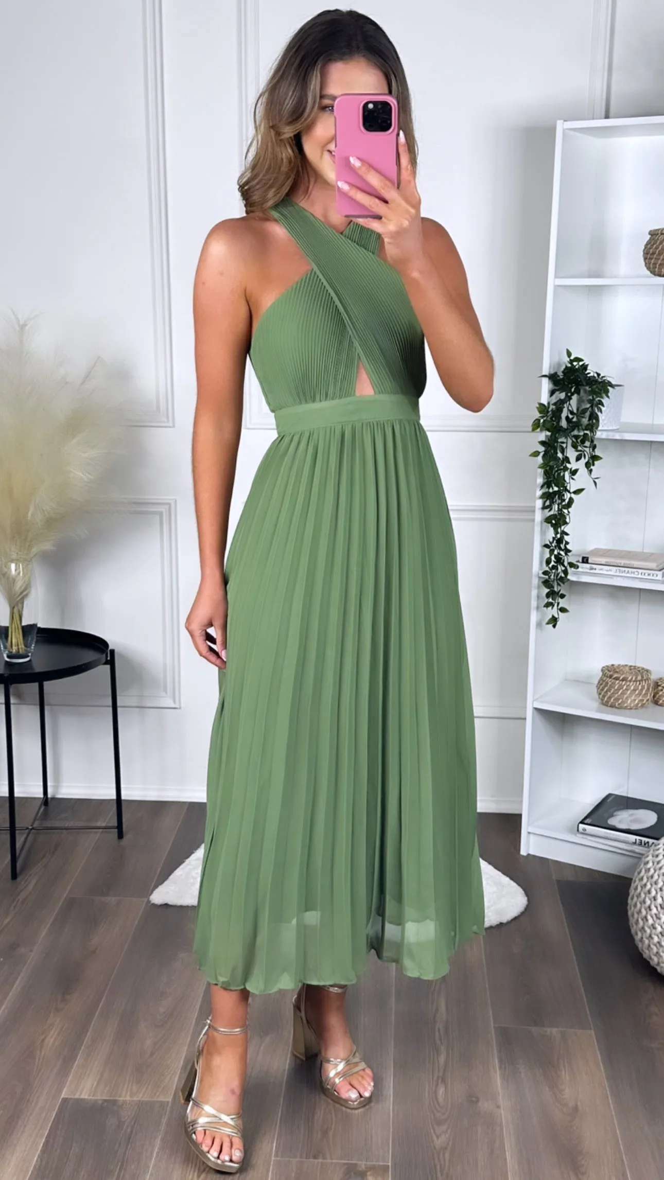 Annalisa Light Green Cross Strap Detail Pleated Skirt Midi Dress