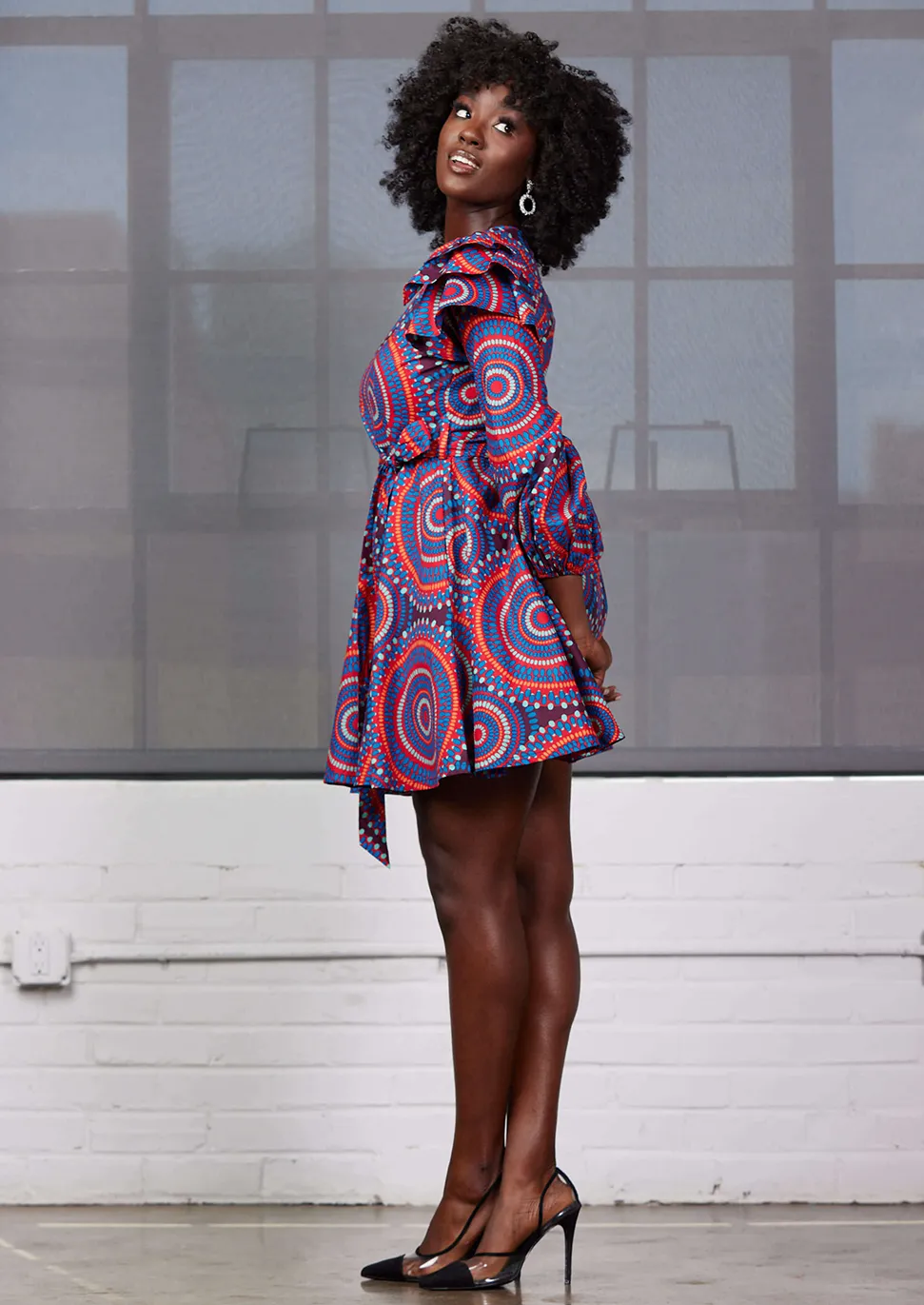 Anola Women's African Print Dress (Red Indigo Circles) - Clearance