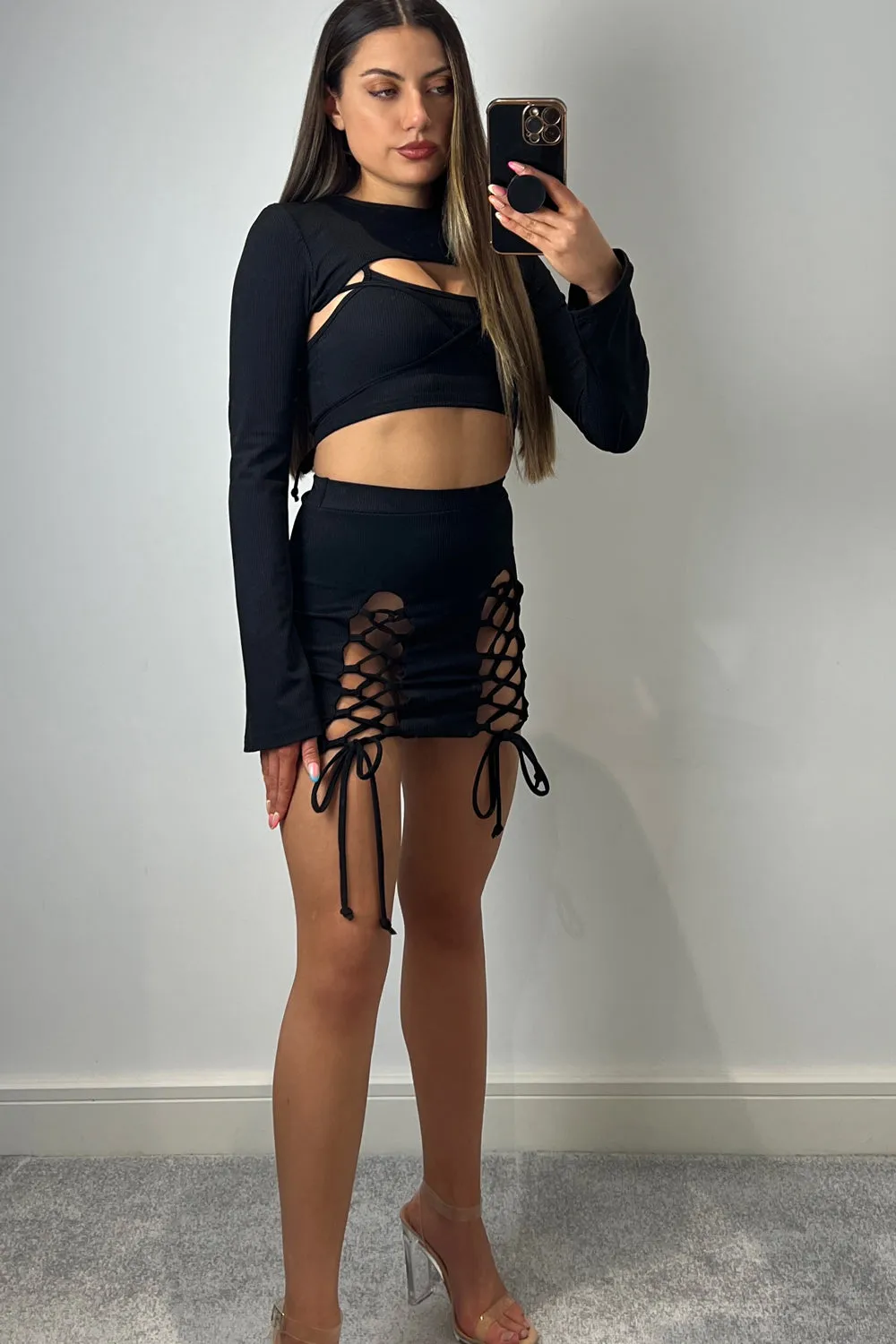 April Black Rib 3 Piece Lace Up Co-Ord Set