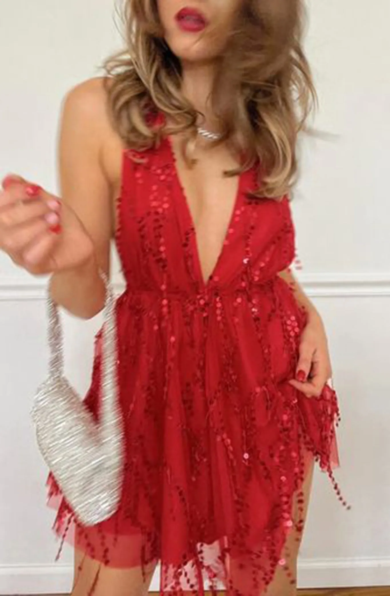 Ariana Sequin Mini Party Dress Red