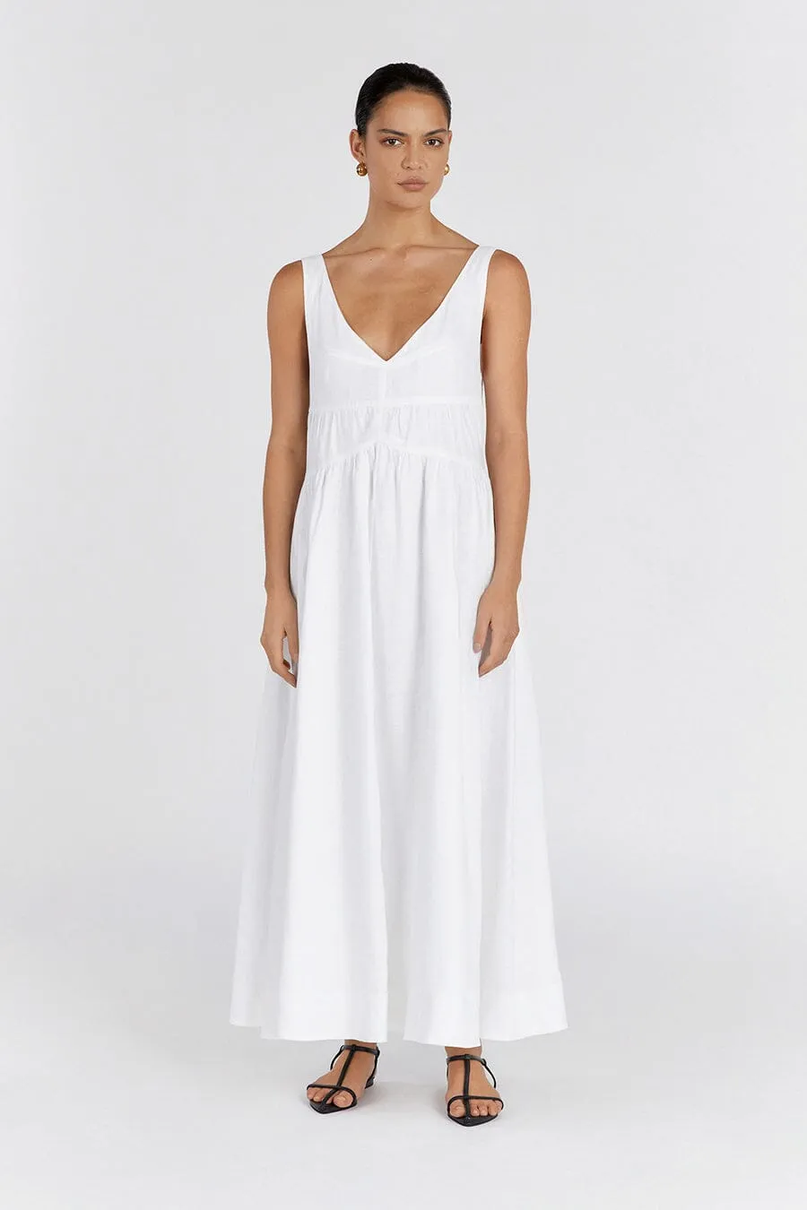 ARLO WHITE V NECK LINEN MAXI DRESS