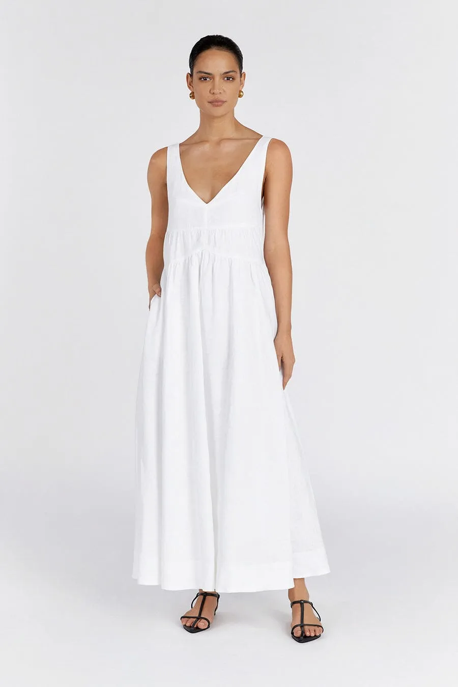 ARLO WHITE V NECK LINEN MAXI DRESS