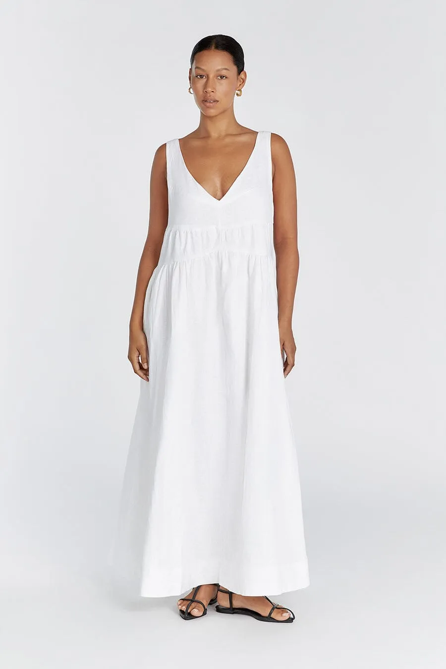 ARLO WHITE V NECK LINEN MAXI DRESS