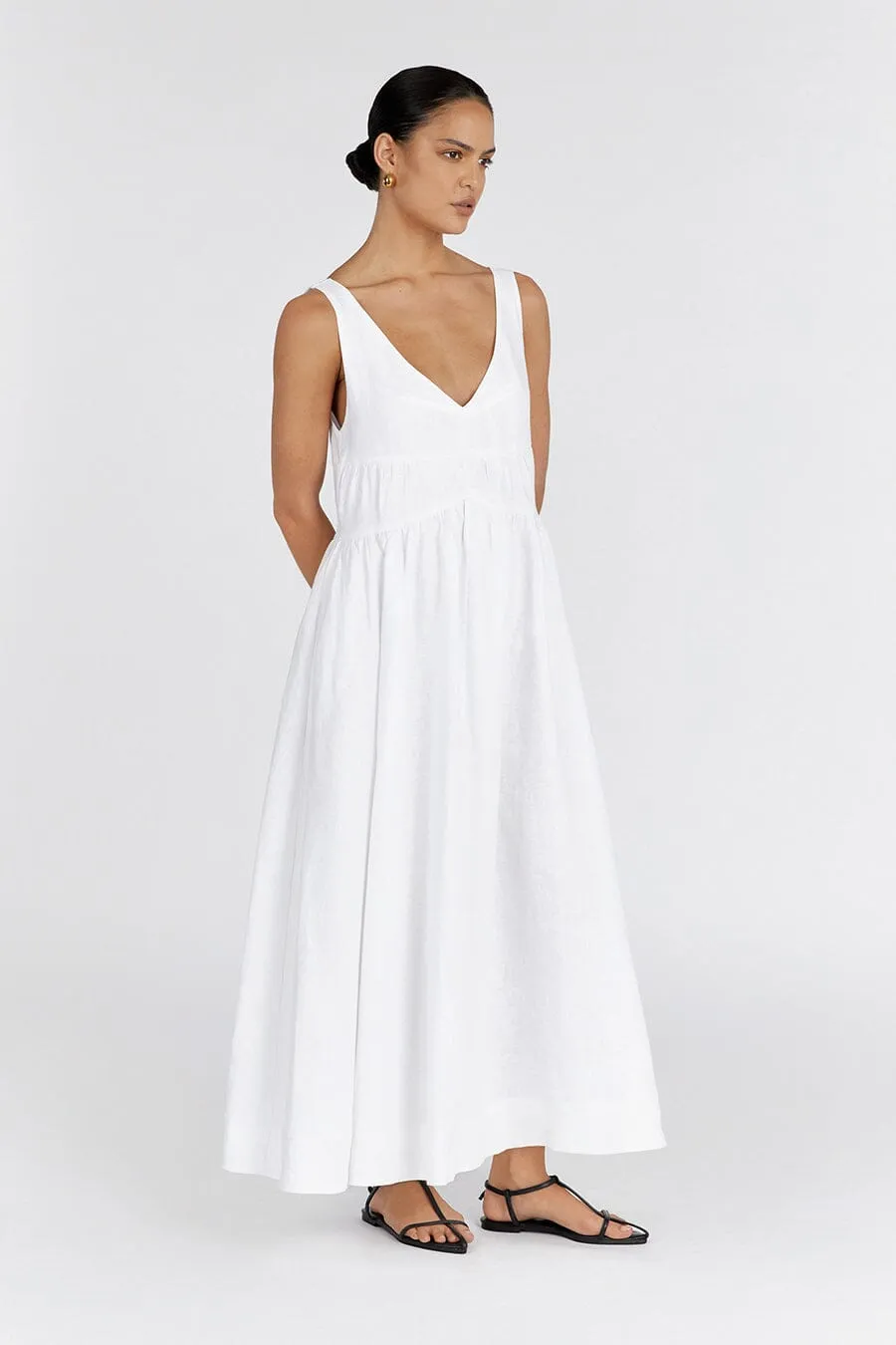 ARLO WHITE V NECK LINEN MAXI DRESS