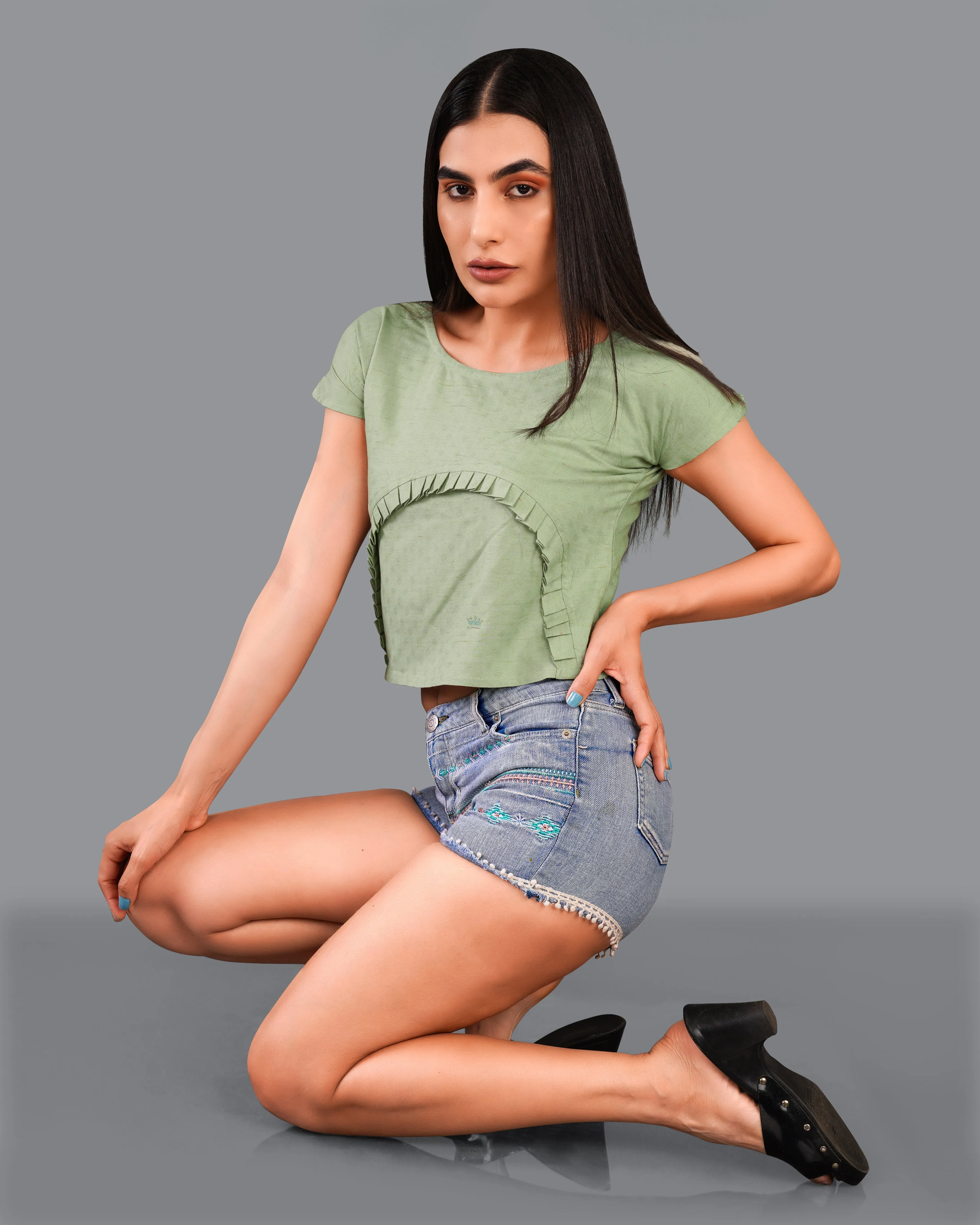 Asparagus Green Pleated Premium Cotton Crop Top