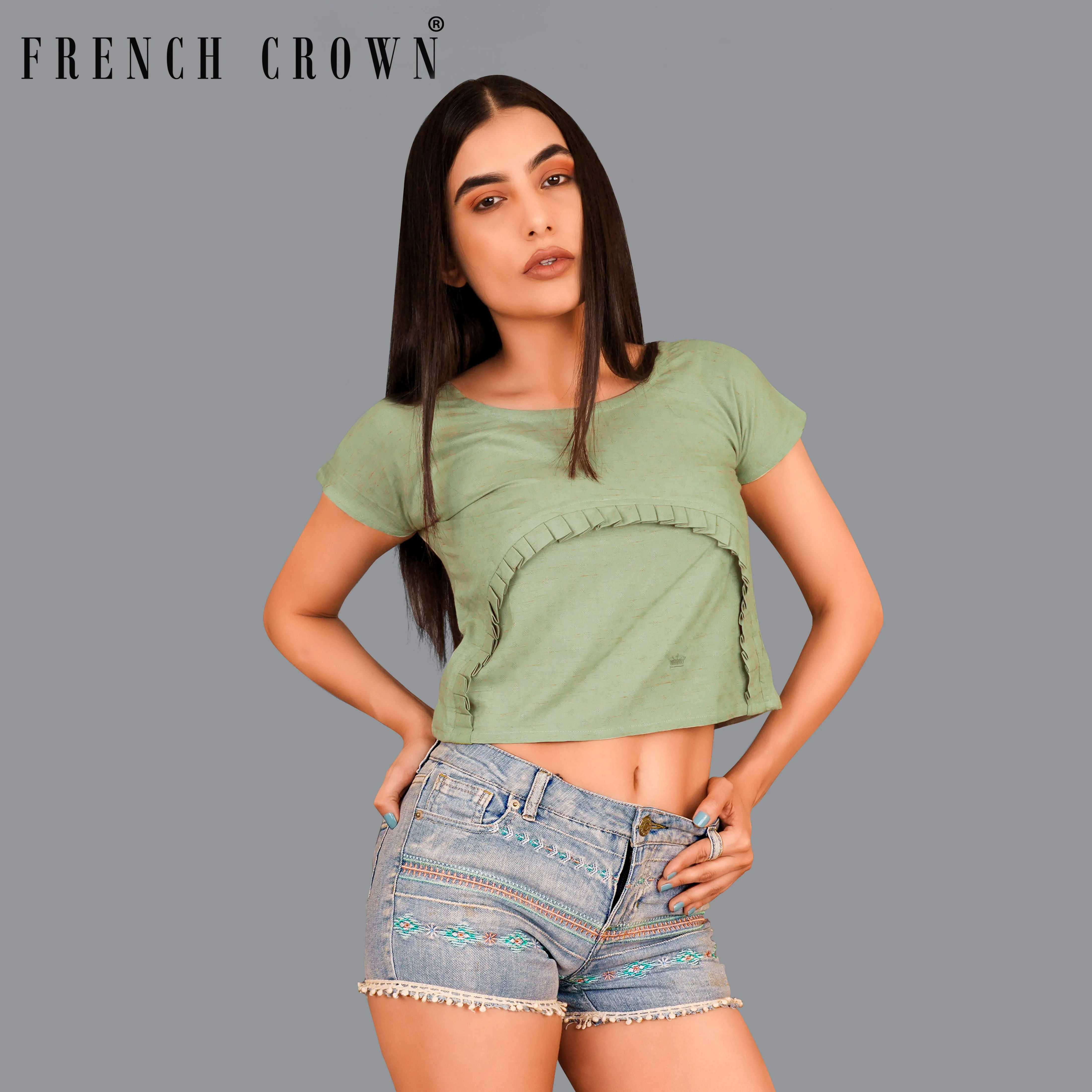 Asparagus Green Pleated Premium Cotton Crop Top