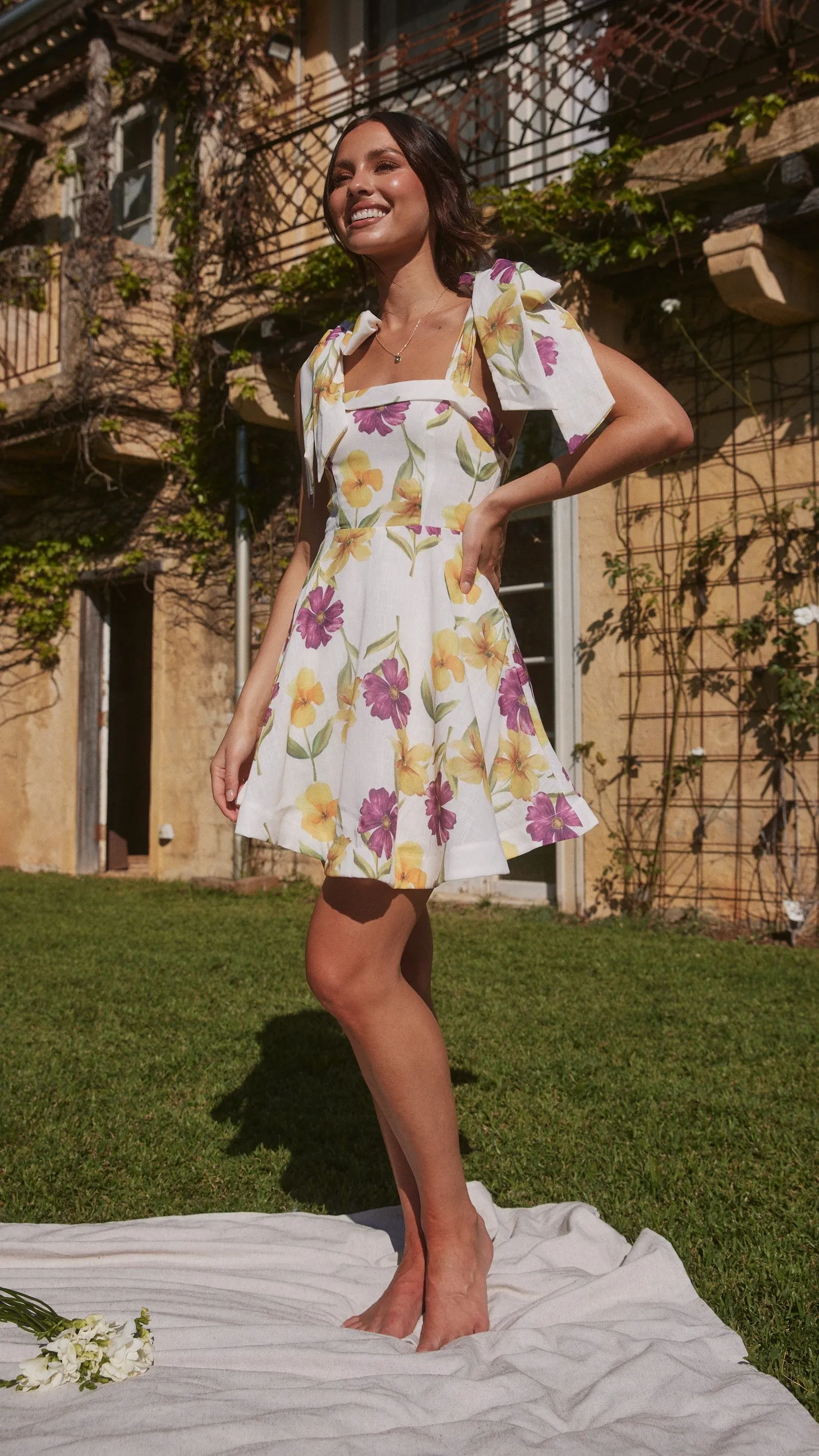 Balta Mini Dress - White / Purple Floral