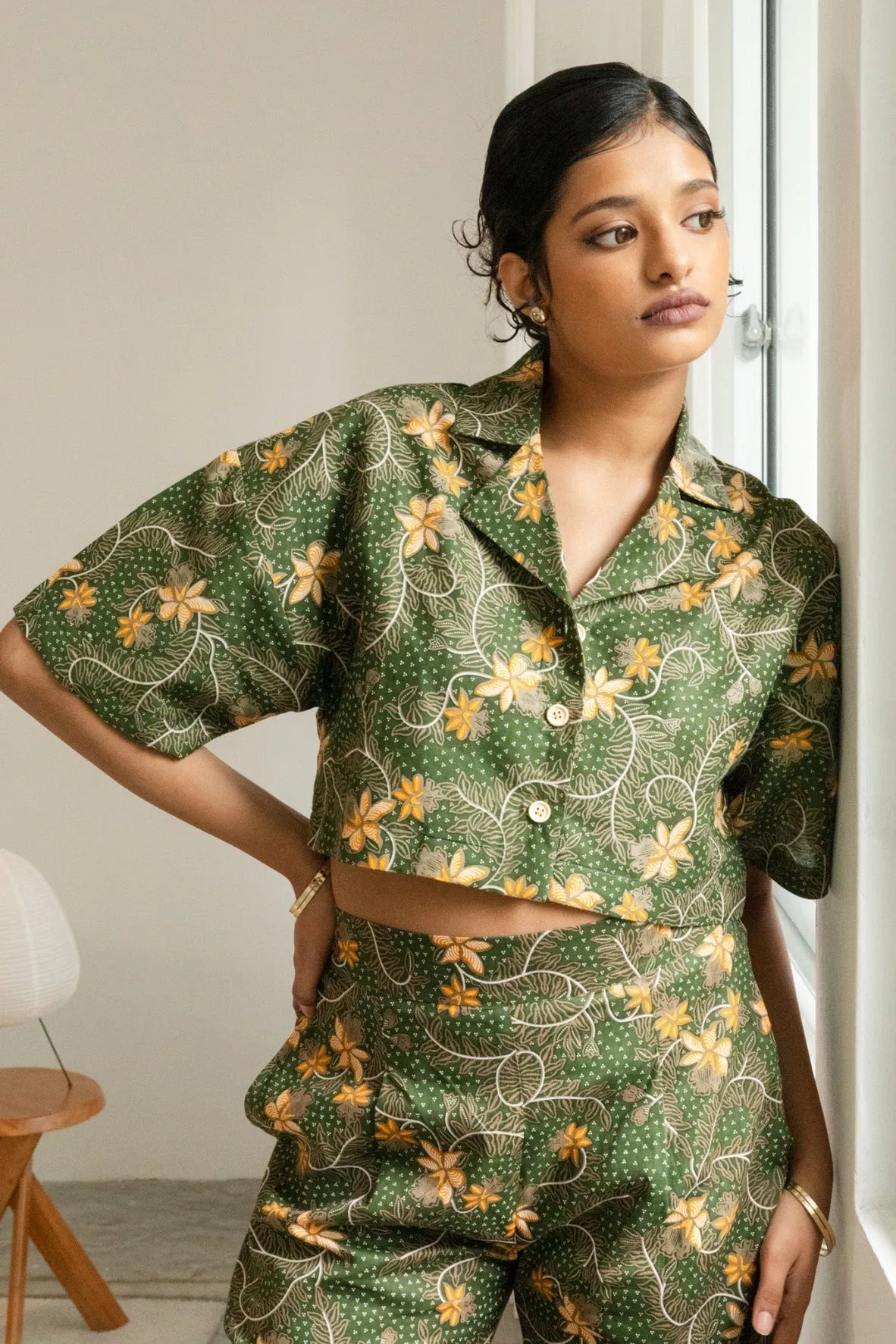 Batik Collared Crop Top Taman Sari Olive