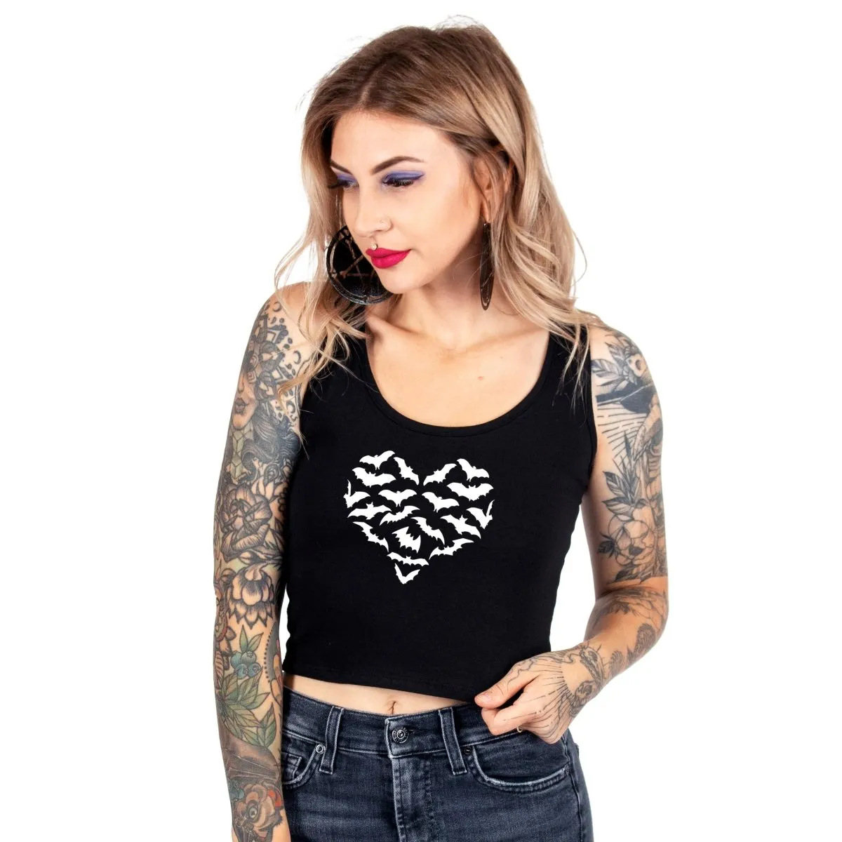 Batty Heart Black Cropped Tank Top