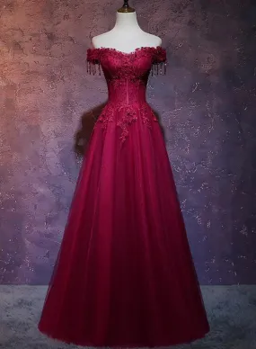 Beautiful Wine Red Tulle Sweetheart Long Prom Dress, A-line Party Dress KS5885