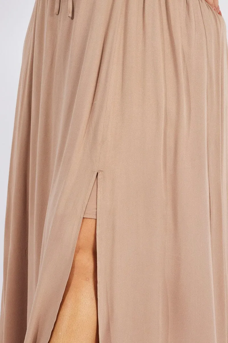 Beige Drawstring Waist Maxi Skirt