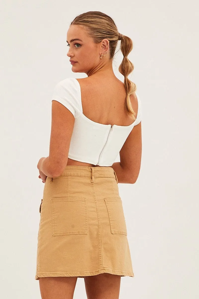 Beige High Rise Cargo Mini Denim Skirt