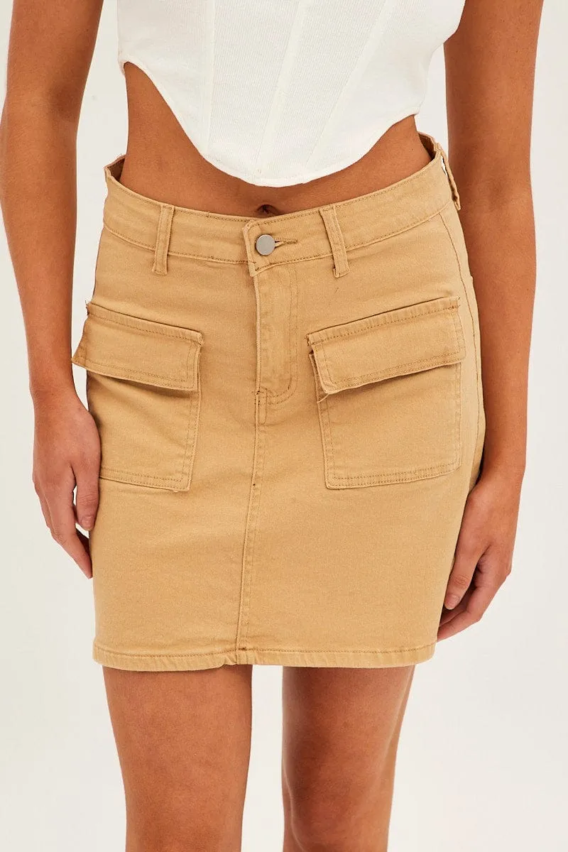 Beige High Rise Cargo Mini Denim Skirt