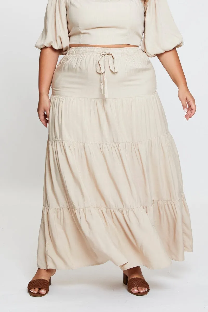 Beige High Waist Tiered Maxi Skirt