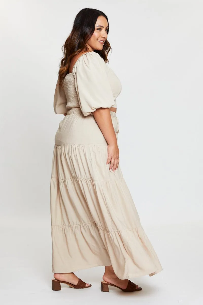 Beige High Waist Tiered Maxi Skirt