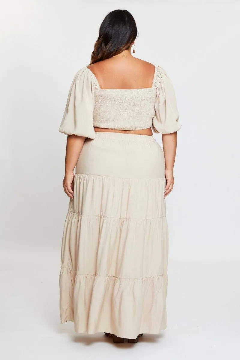 Beige High Waist Tiered Maxi Skirt