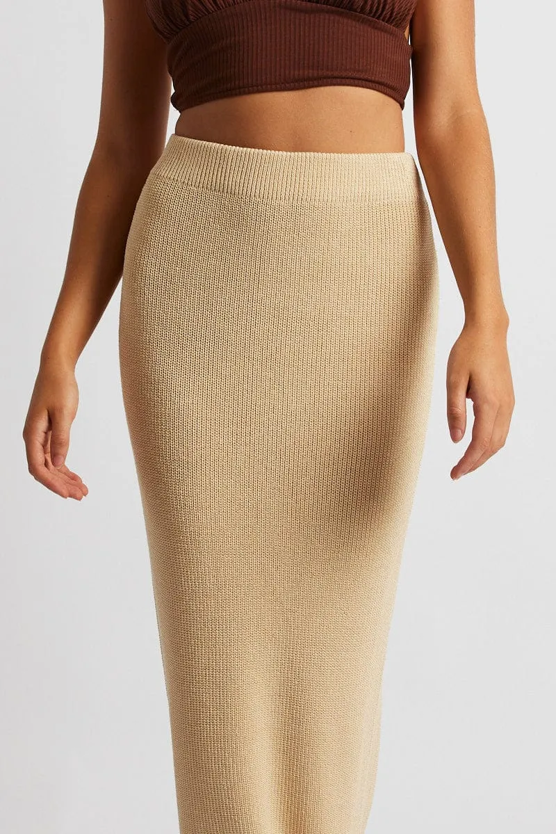 Beige Knit Skirt Maxi High Rise