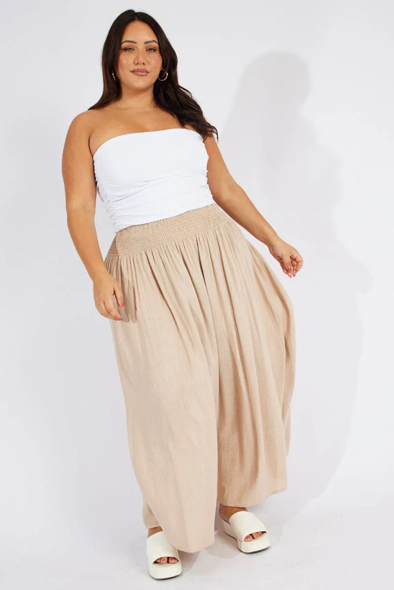 Beige Shirred Linen Blend Maxi Skirt