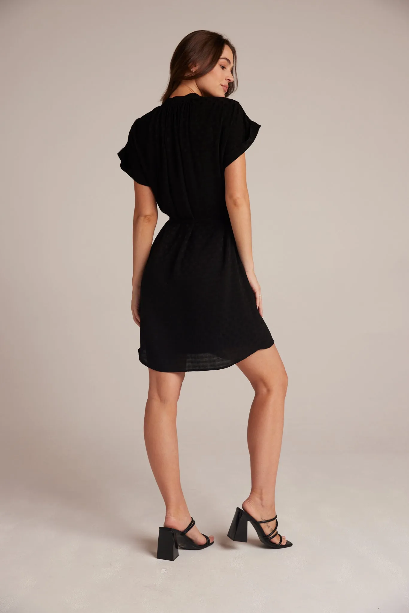 Belted Shirred Dress - Black