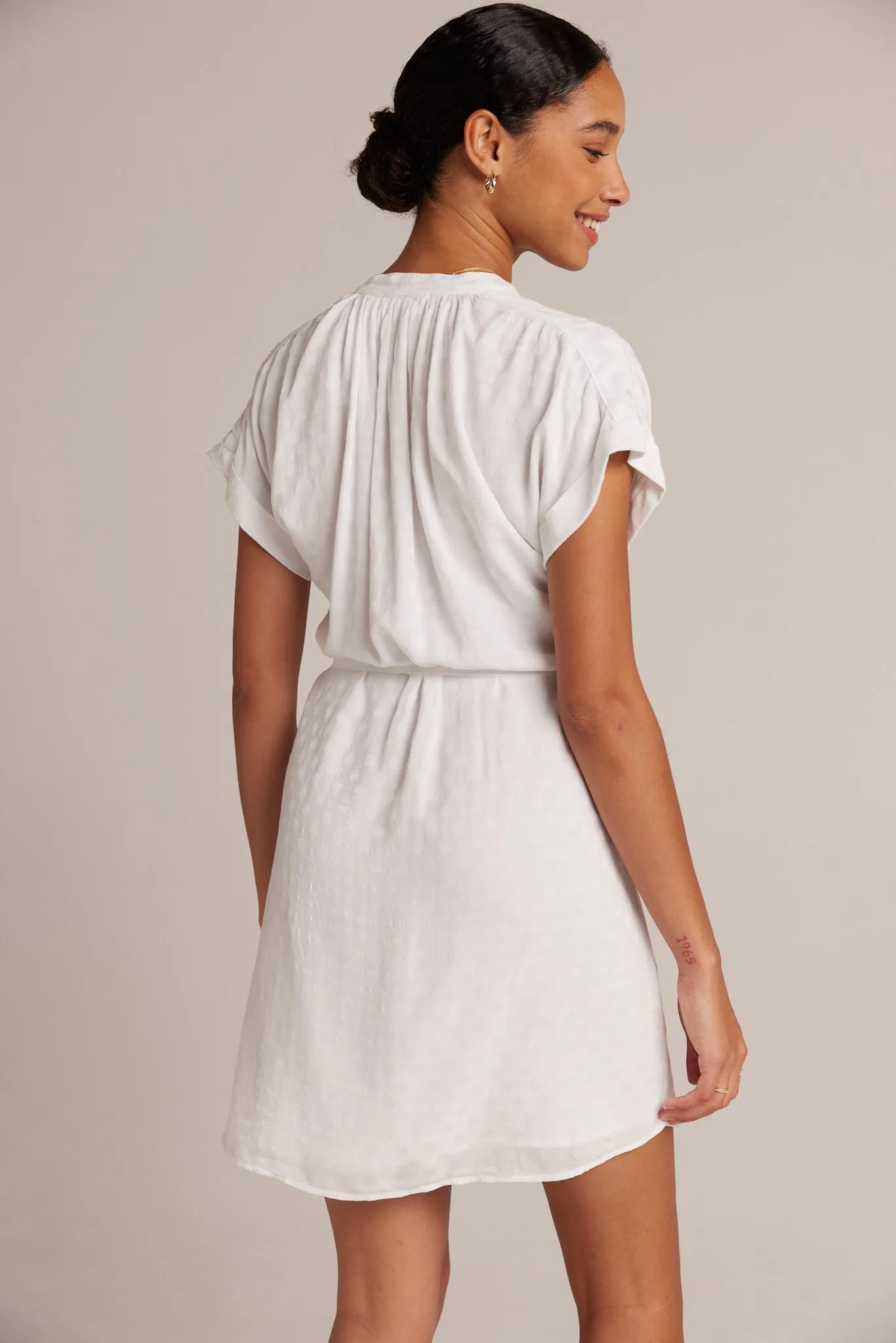 Belted Shirred Dress - White