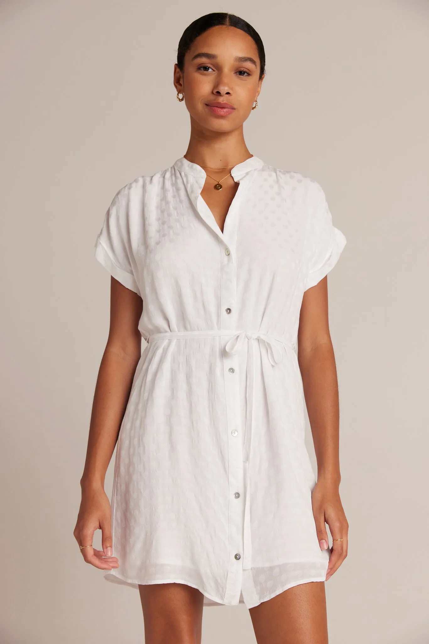 Belted Shirred Dress - White