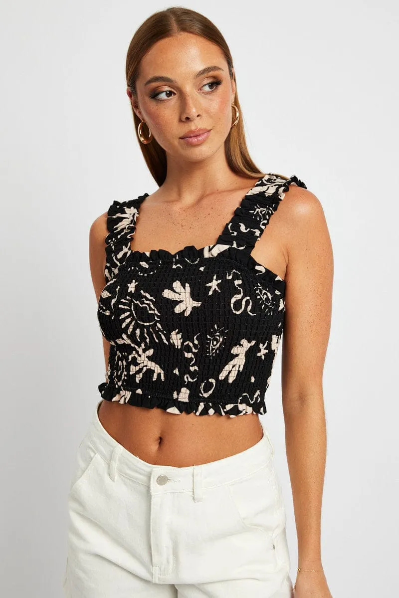 Black Abstract Crop Top Sleeveless