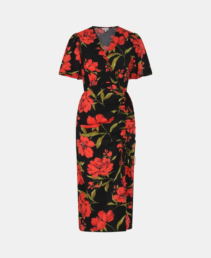 Black and Red Floral Wrap Midi Dress