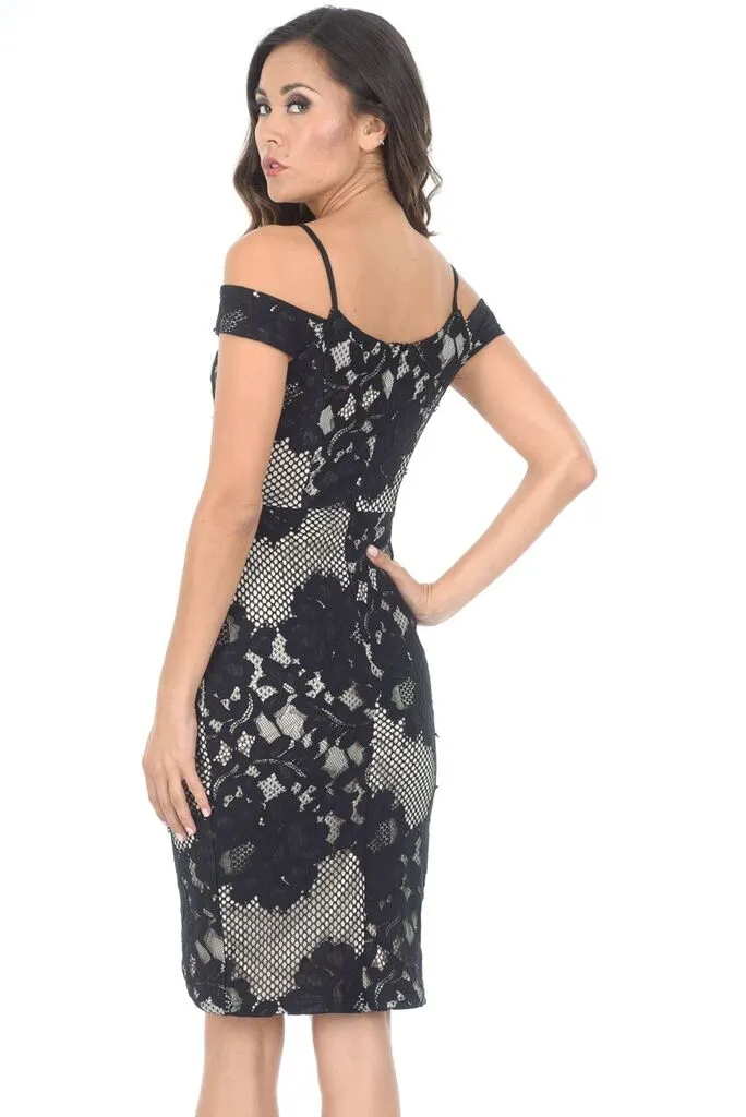 Black Contrast Lace Wrap Dress