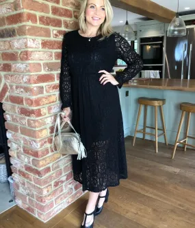 Black Lace Overlay Midi Dress