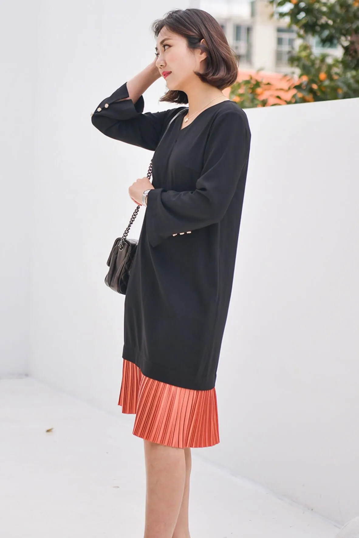 Black Orange Pleats Dress