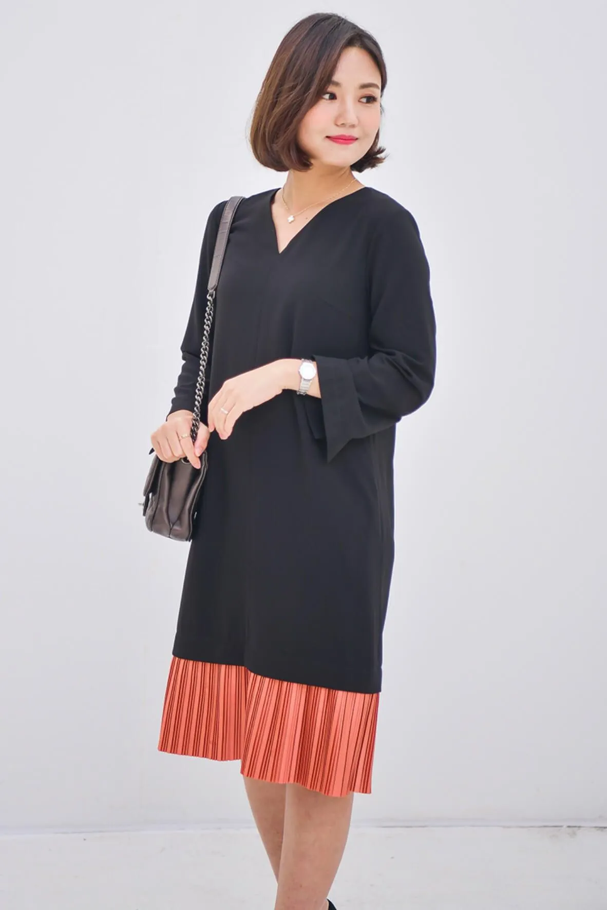 Black Orange Pleats Dress