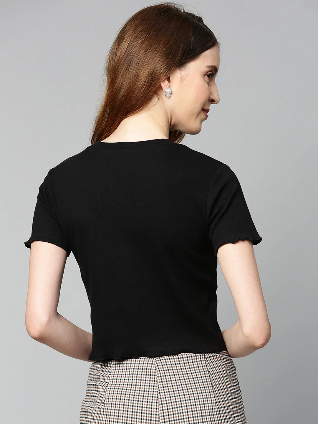 Black Rib Round Neck Crop Top