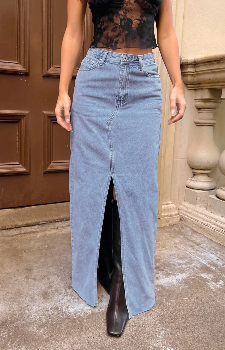 Blinding Lights Blue Denim Front Split Maxi Skirt