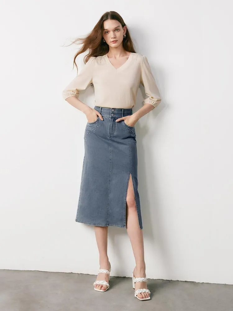 Blue High Waist Slit Denim Skirt