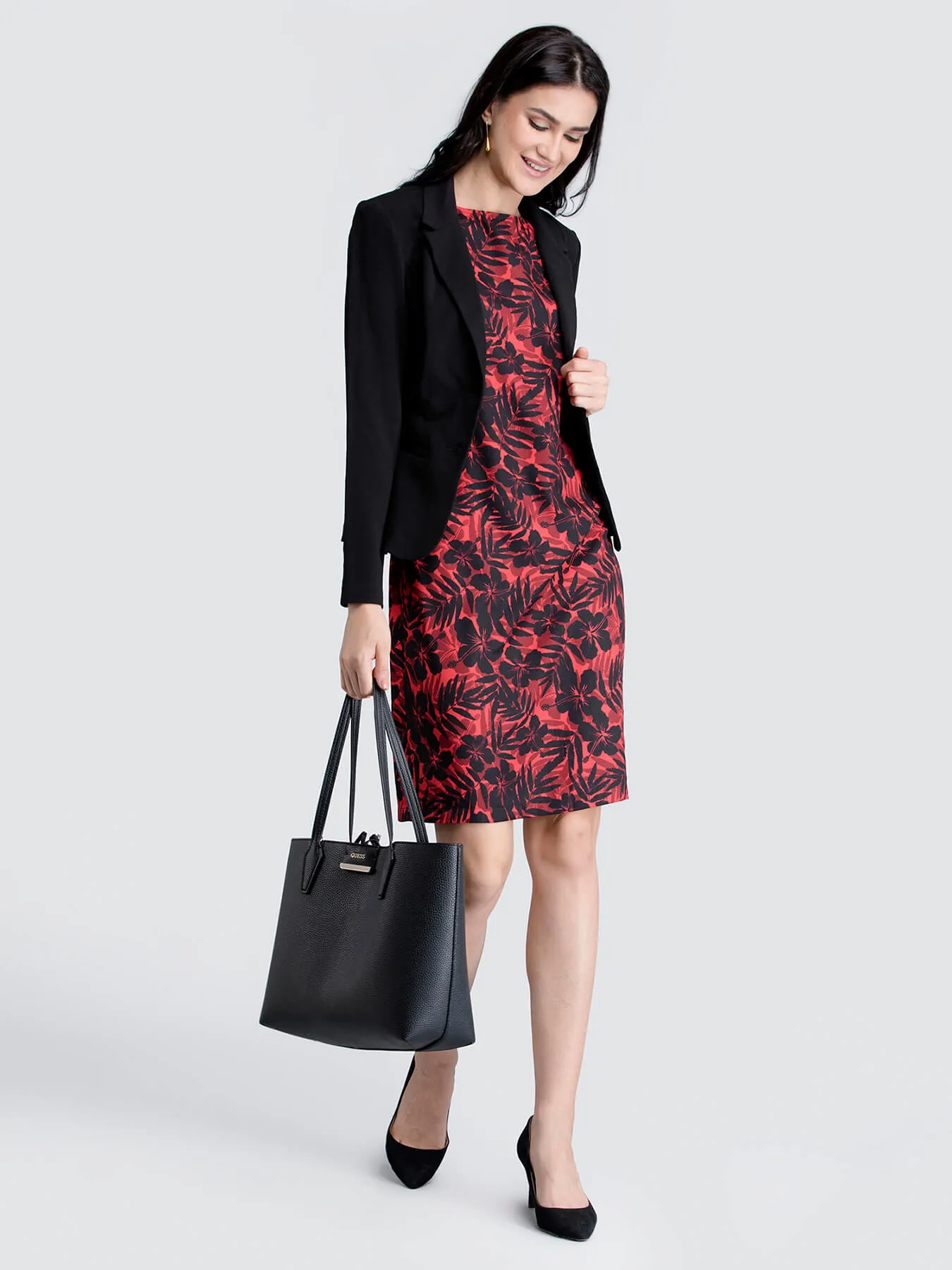 Boat Neck Floral Shift Dress - Red