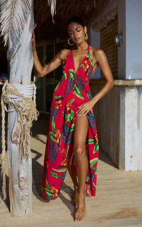 Boho Maxi Dress in Red Tropical