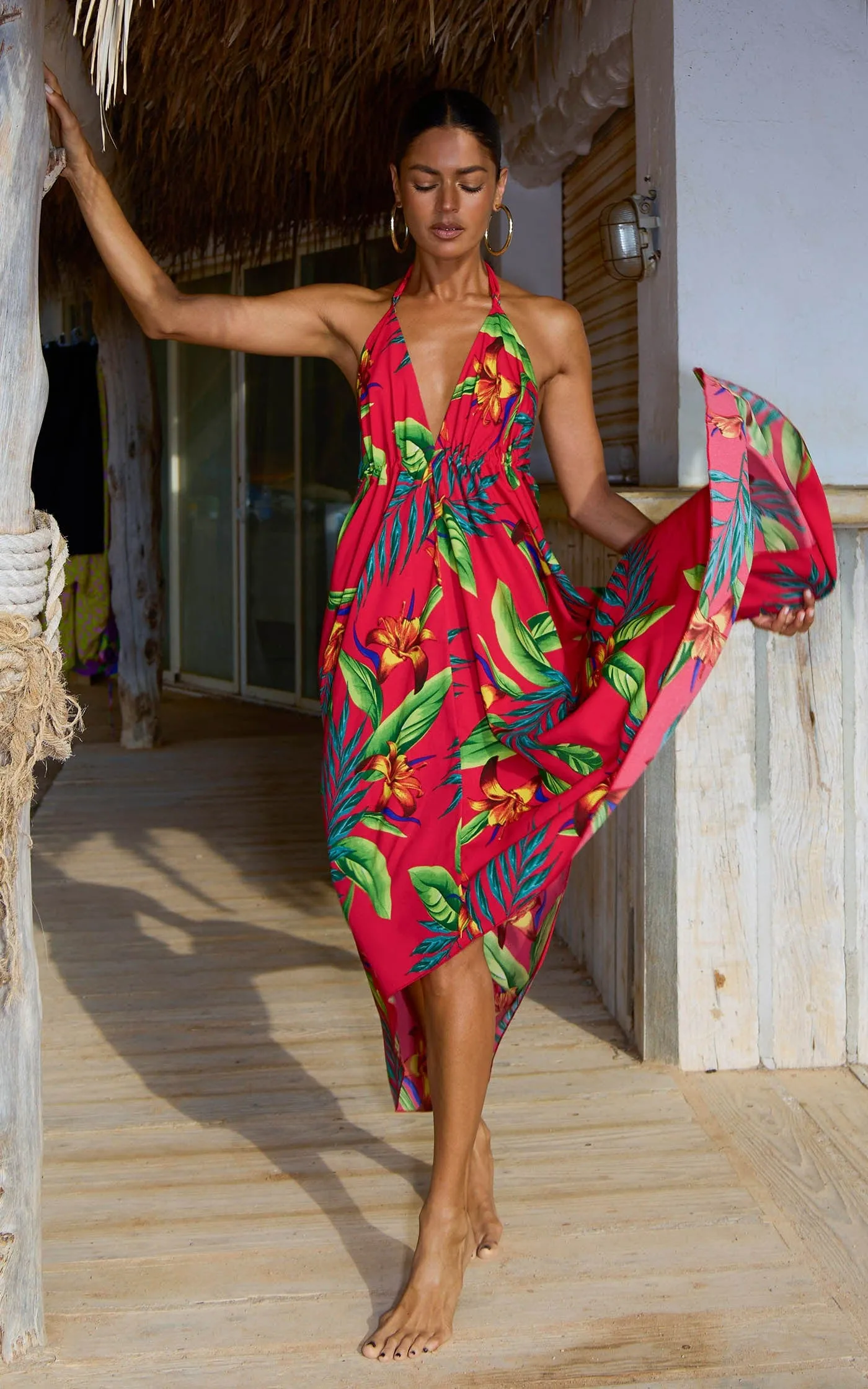 Boho Maxi Dress in Red Tropical